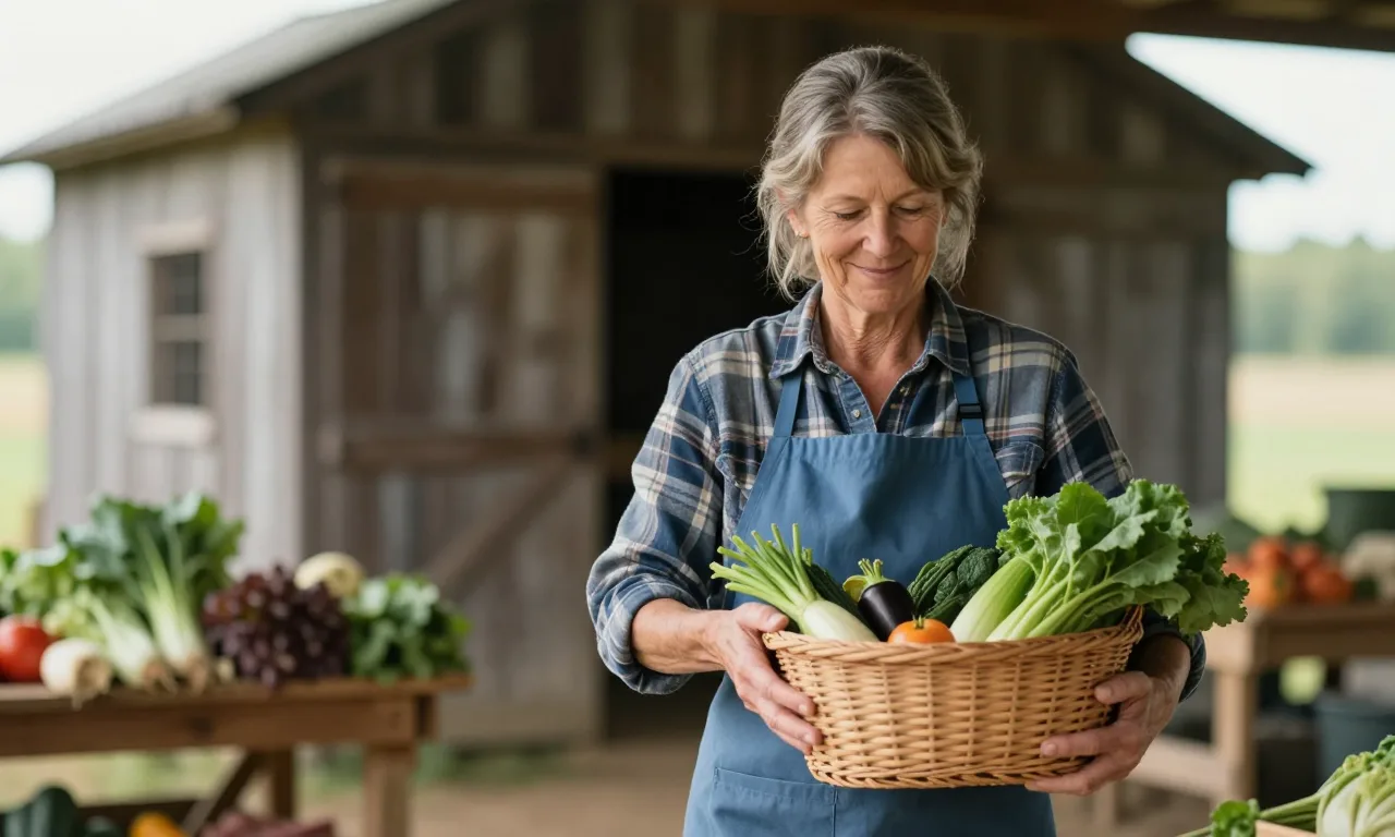 A proud business owner holding a woven basket of her first picked vegetables at a farm stand