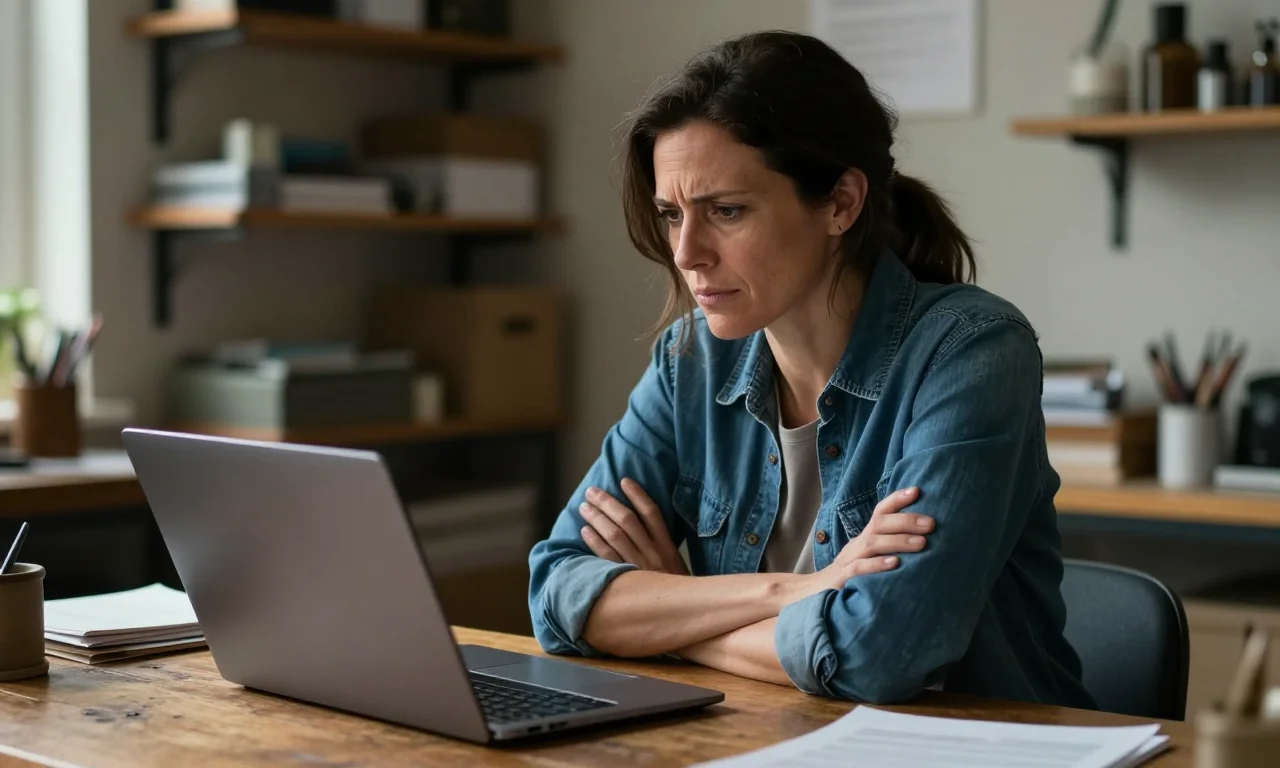 A business owner giving a suspicious email a skeptical look on her laptop
