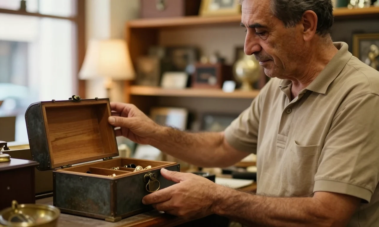 A shopkeeper placing a small wooden jewelry box into an open metal strongbox on his counter, investing in keeping his valued items safe