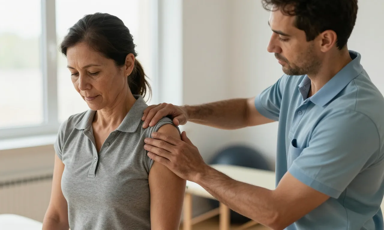 A physical therapist guiding a woman patient through a shoulder stretch on a treatment table in a bright clinic