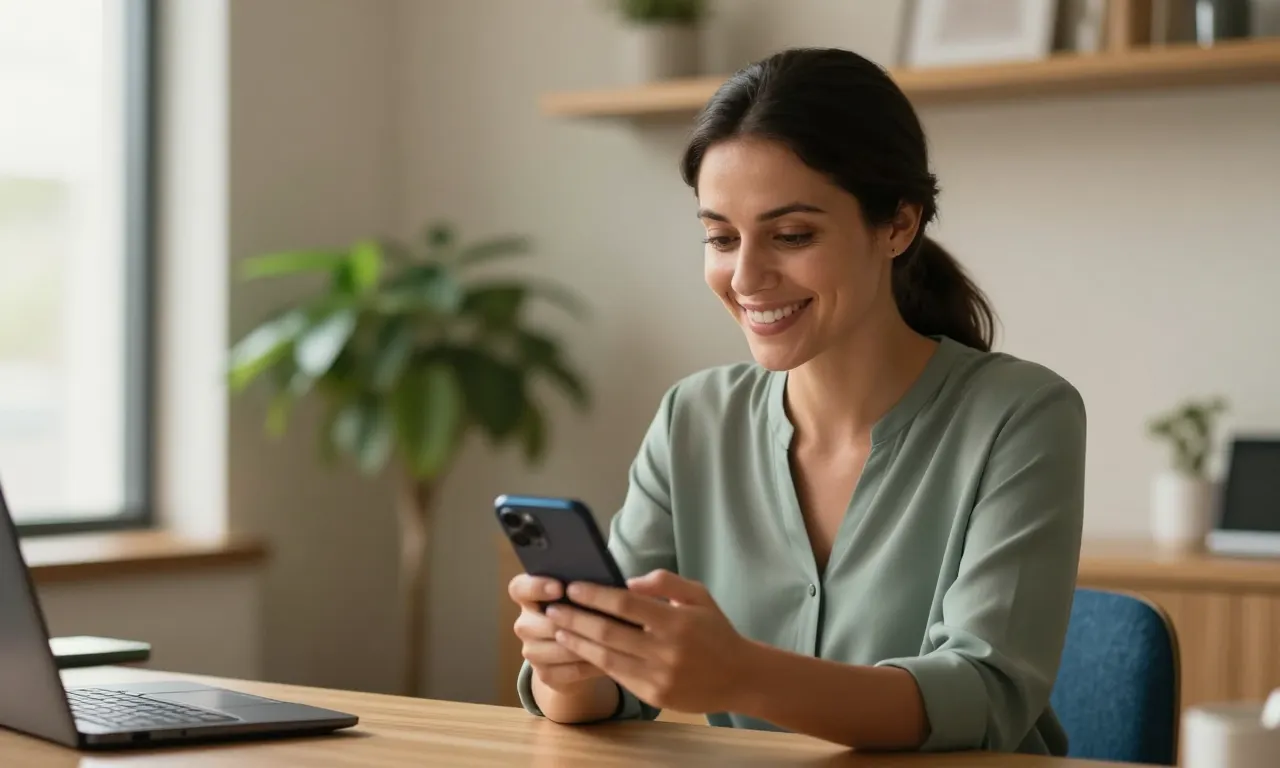 Front desk staff smiling as she reads a happy patient review on her phone