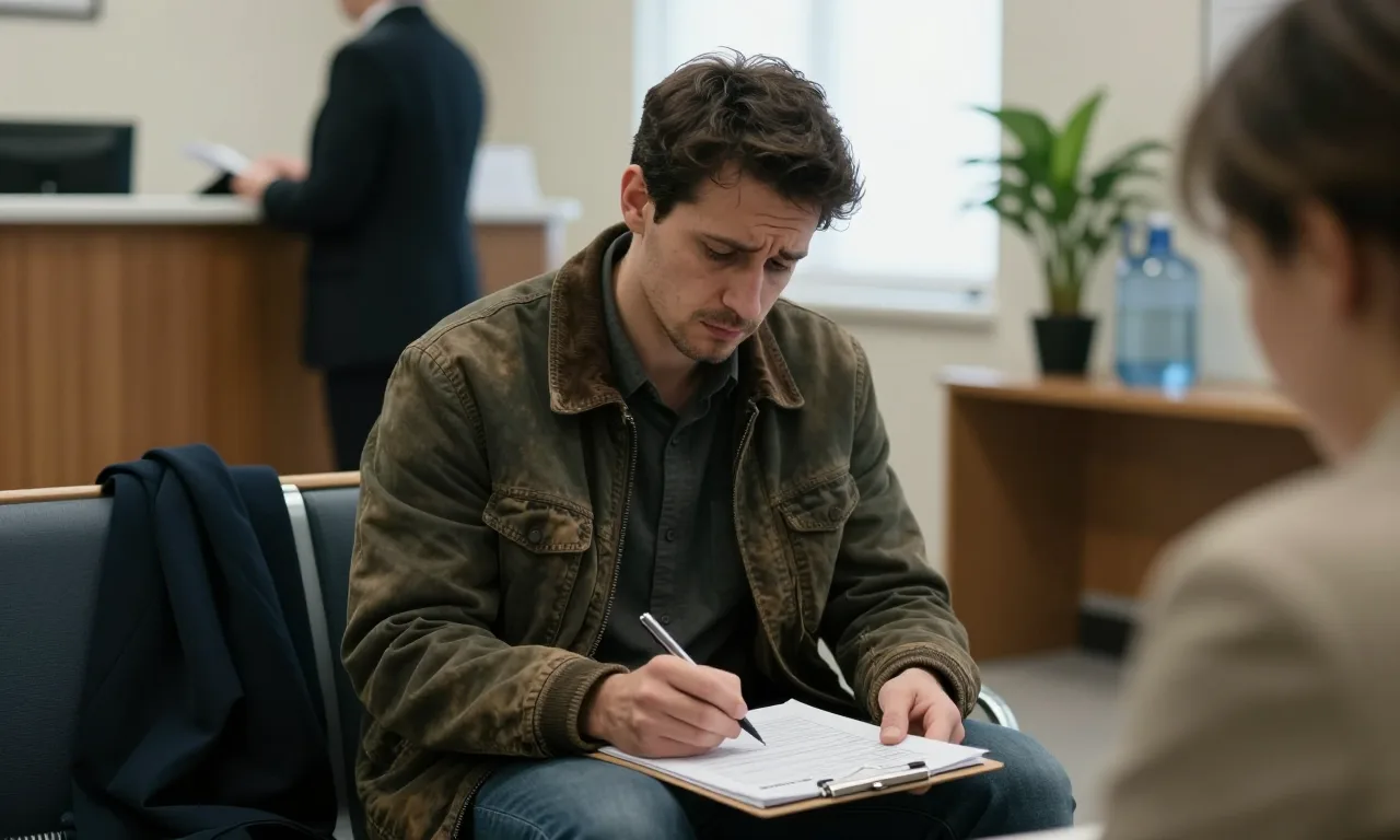 A man filling out a short intake form on a clipboard while seated in a law firm's waiting area