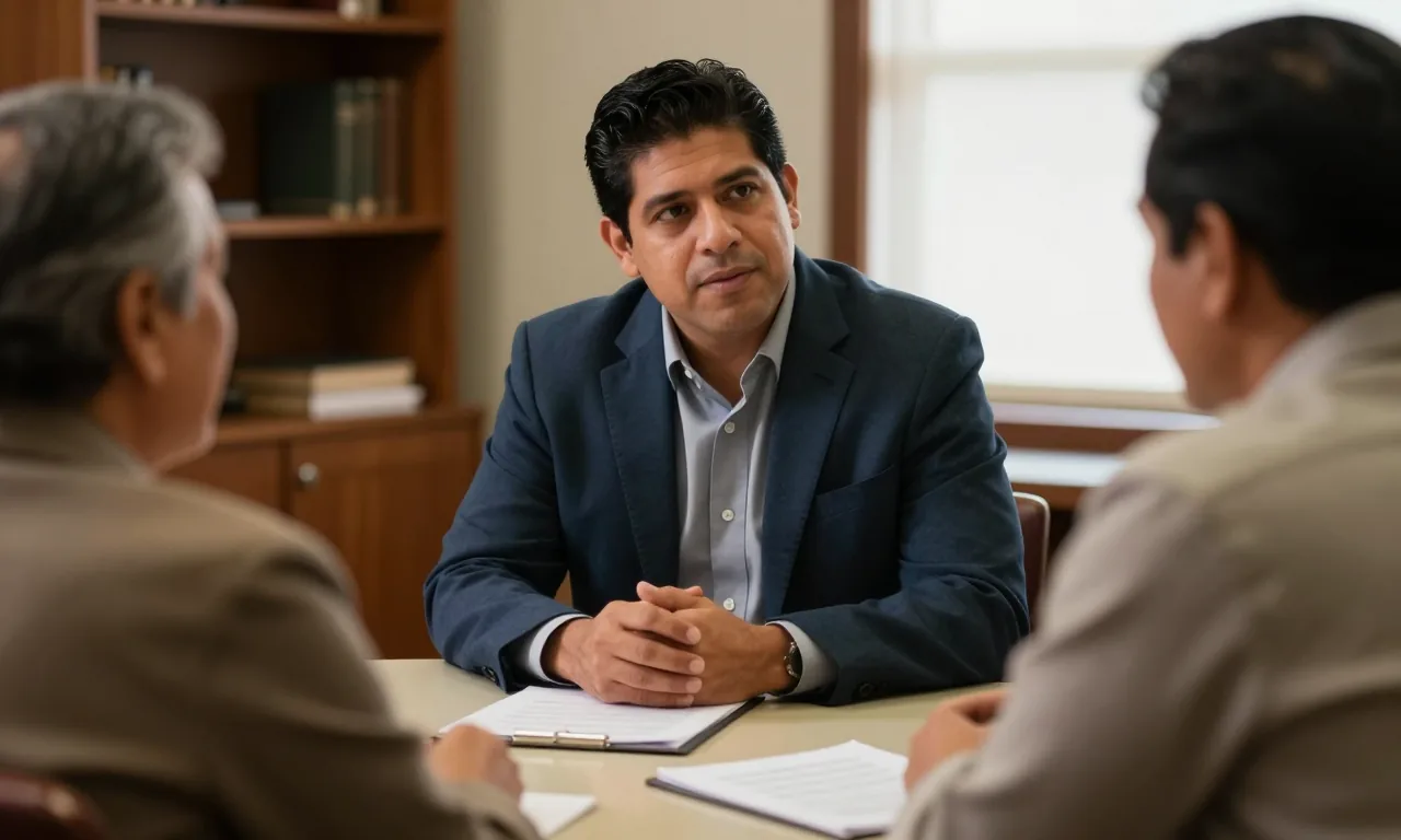 Attorney meeting with a client at a small table