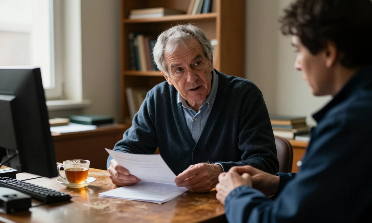Grey-haired attorney explaining something on paper to a client across a worn wooden table