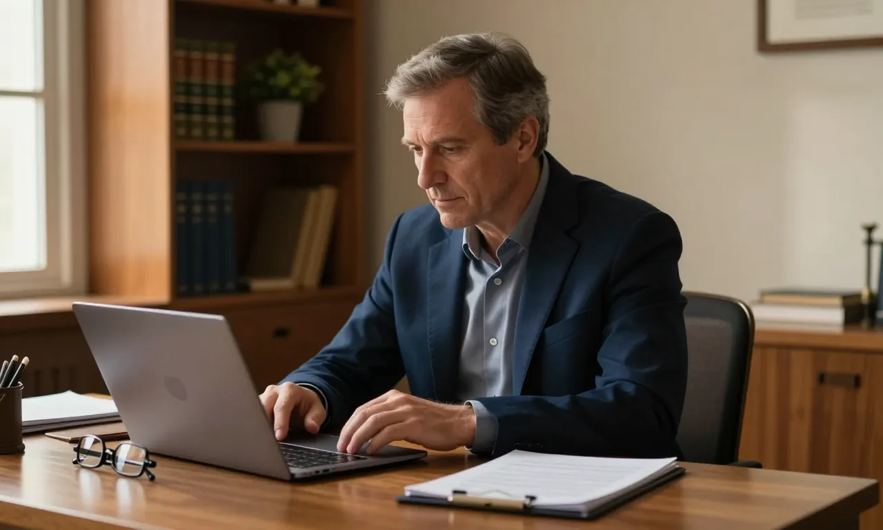 Attorney in a navy suit reviewing a professional website on a laptop at a wooden desk