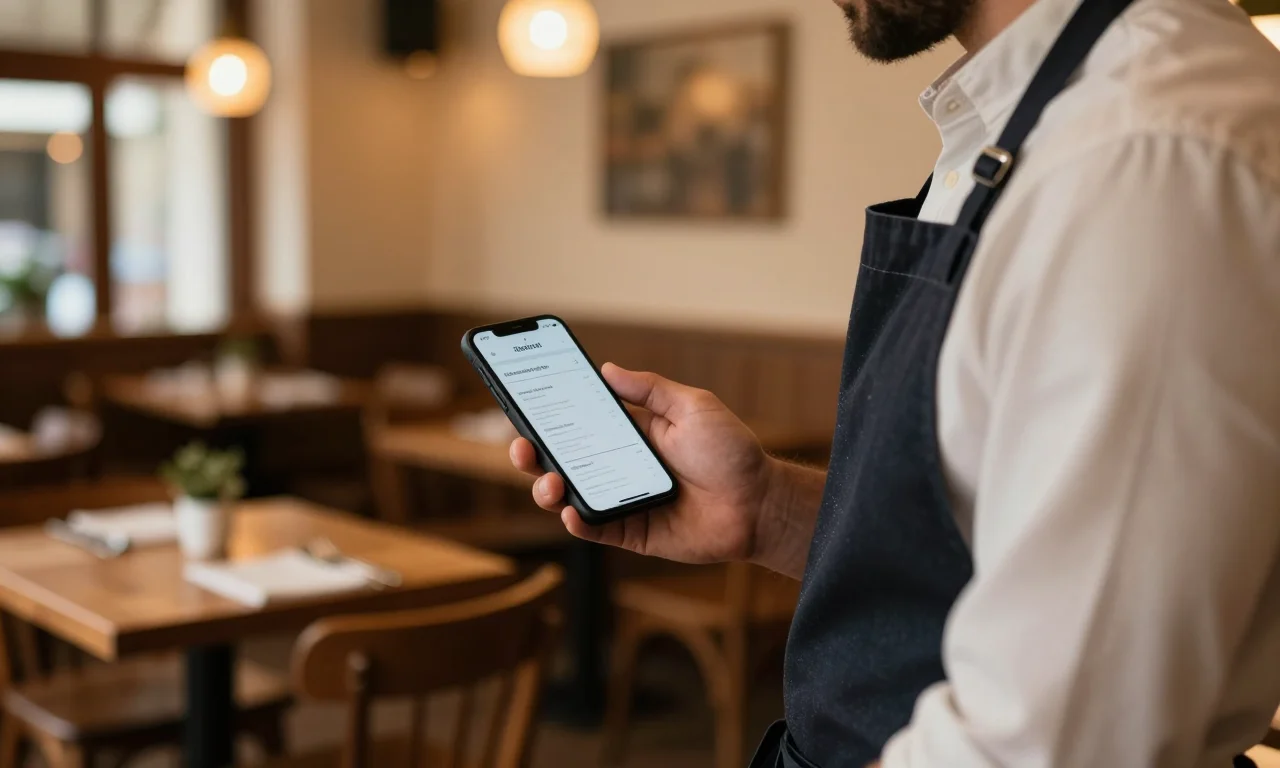 A restaurant owner checking their website on a phone between tables, dining room warm in the background