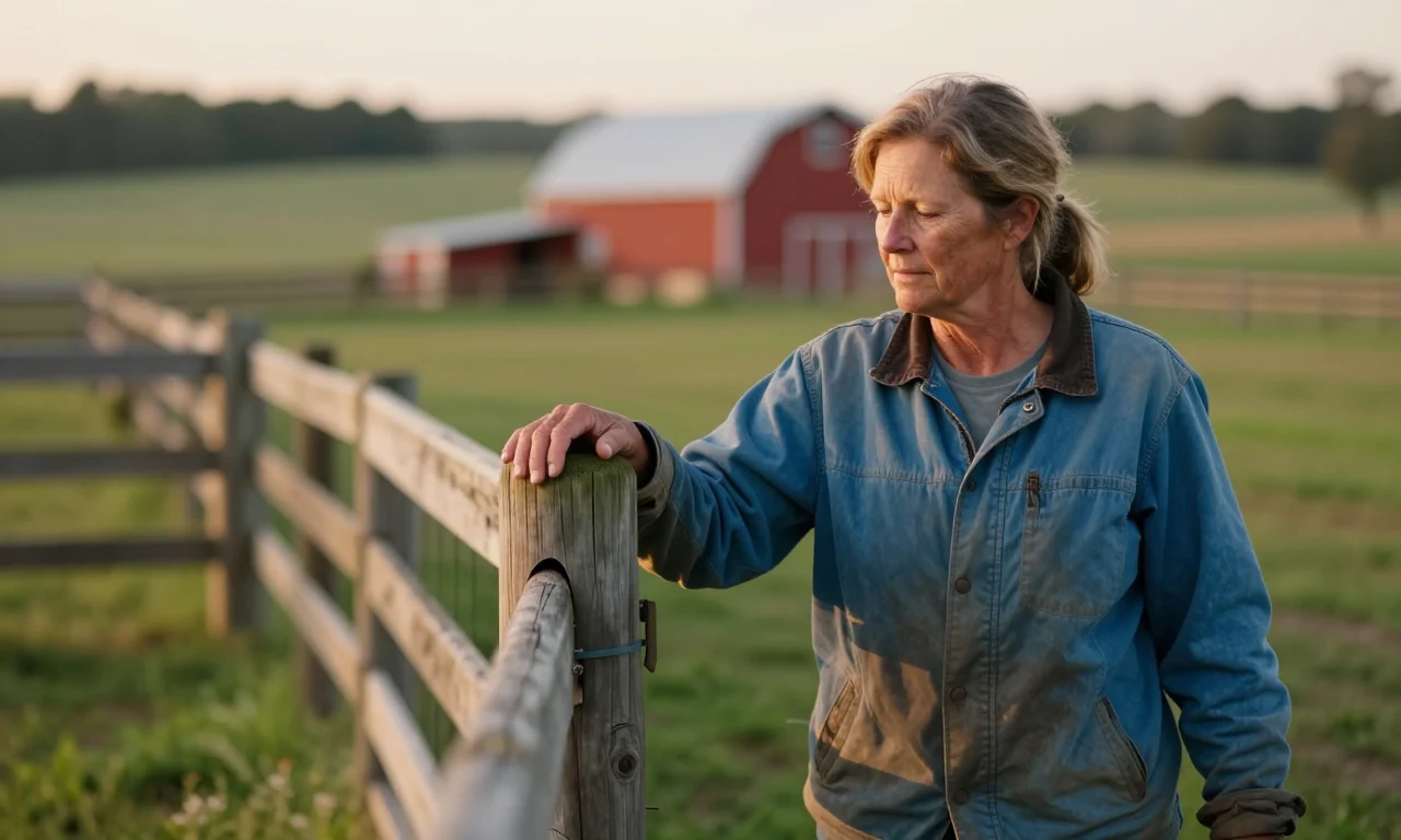 A farmer resting a hand on a wooden fence post, checking her property's boundary is secure at the end of the day