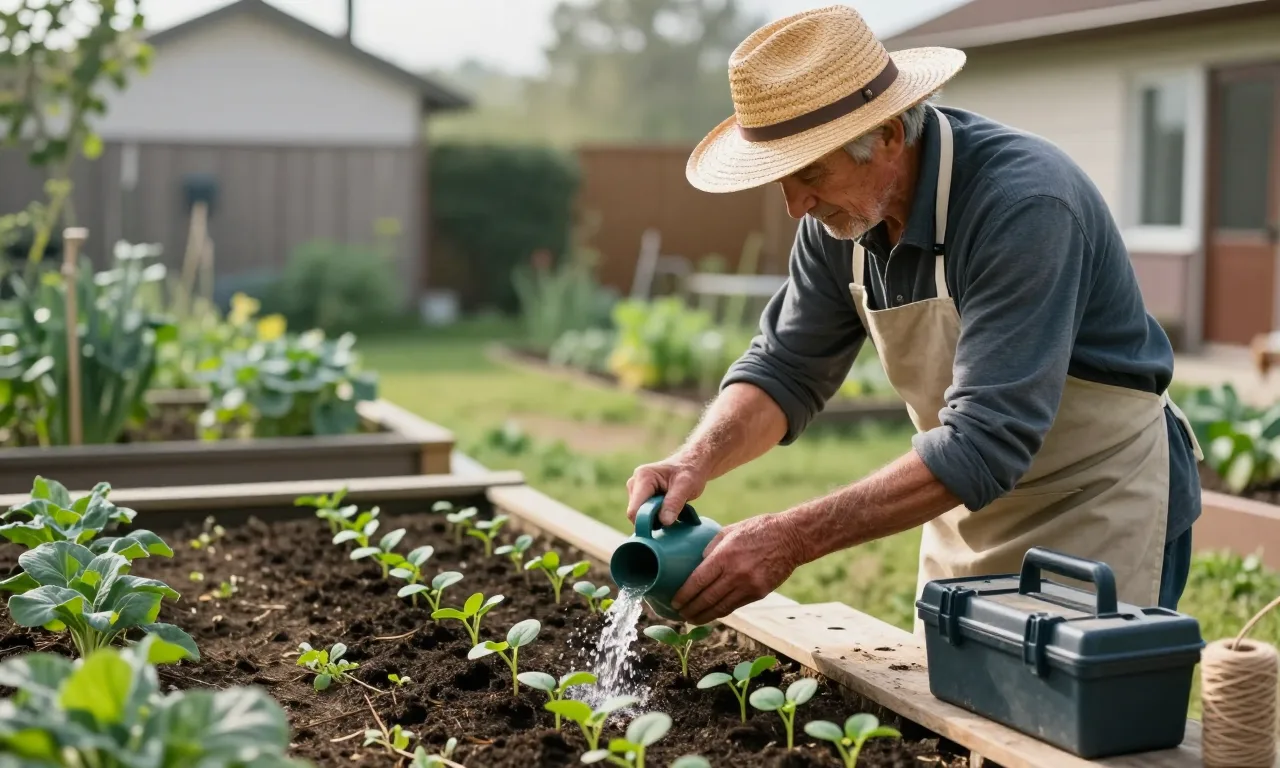 An older man watering young seedlings in a raised-bed garden, tending each row steadily